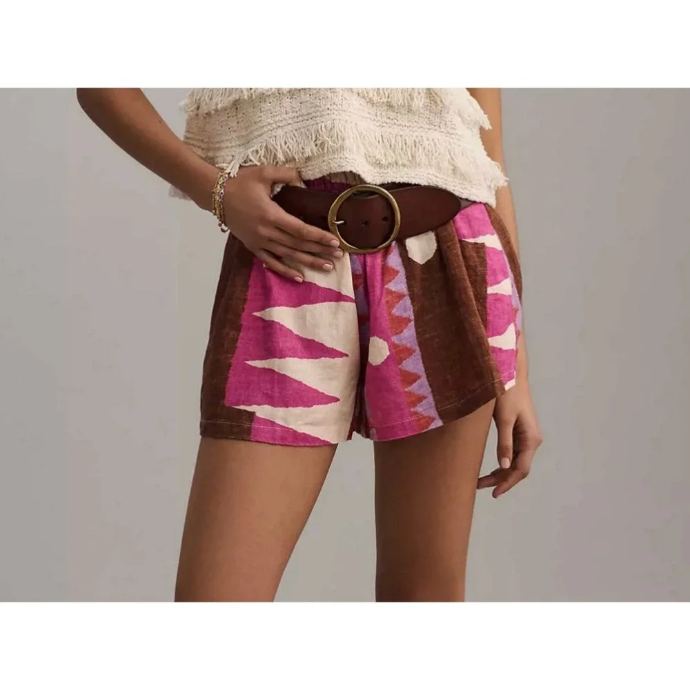 Anthropologie Somerset Shorts Womens M Pink Brown Linen Blend Geometric Print